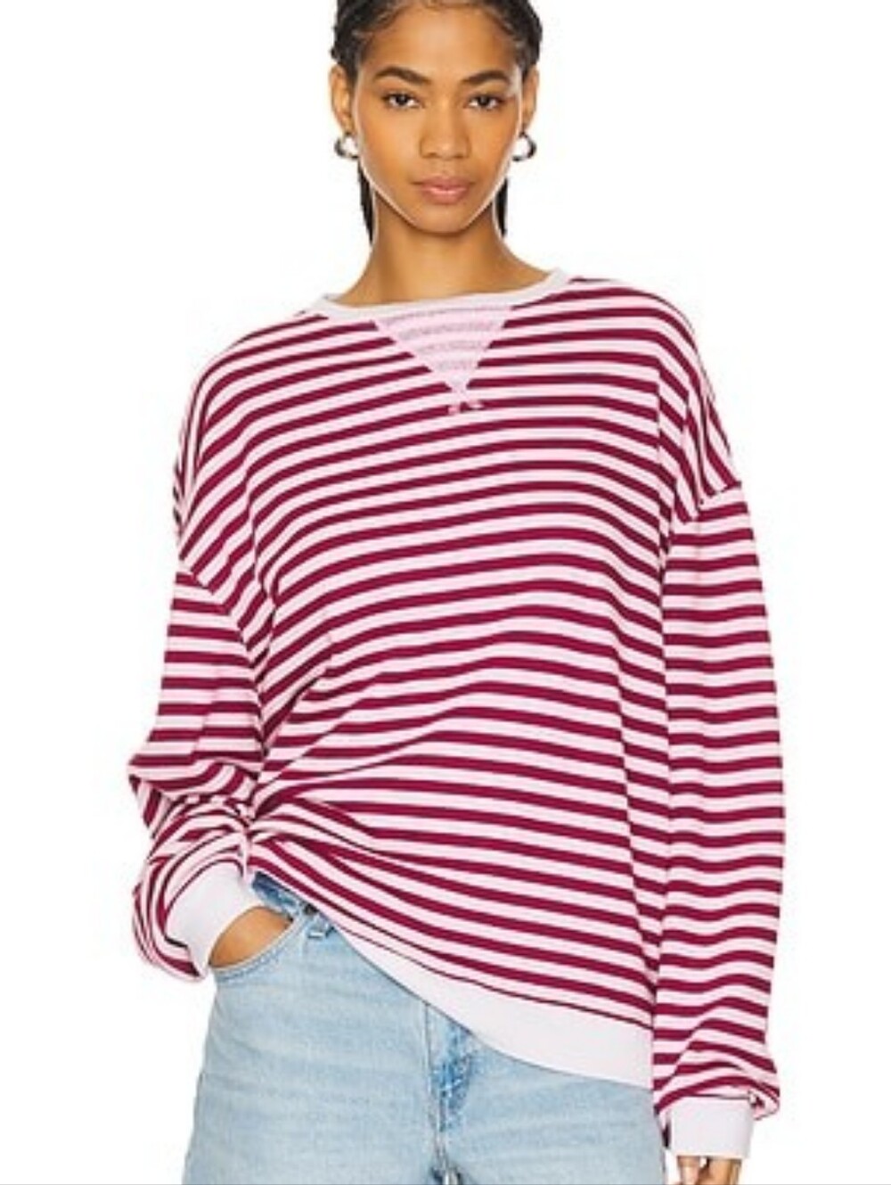 Free People We The Free Classic Striped Oversized Crewneck in Raspberry Combo